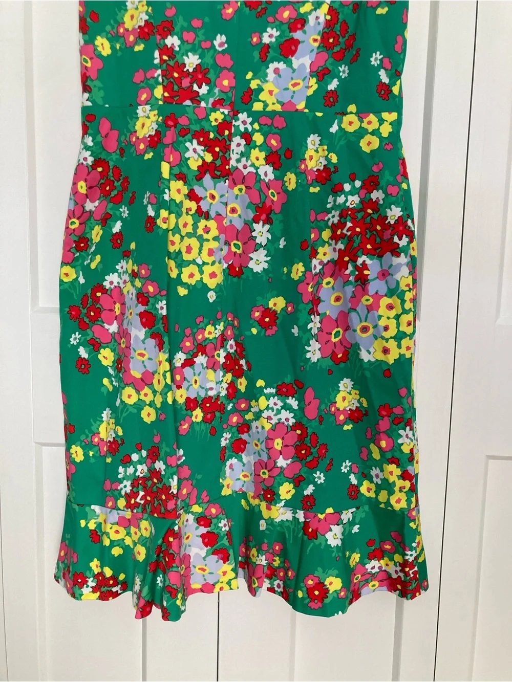Talbots Green Floral Dress with Bright Multicolor Bloom Print and Ruffle Hem